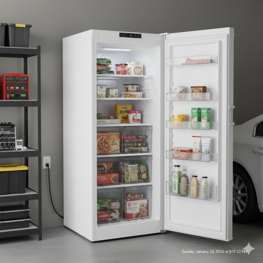 GE FUF17DLR Upright Freezer - Stainless Steel with garage-ready design